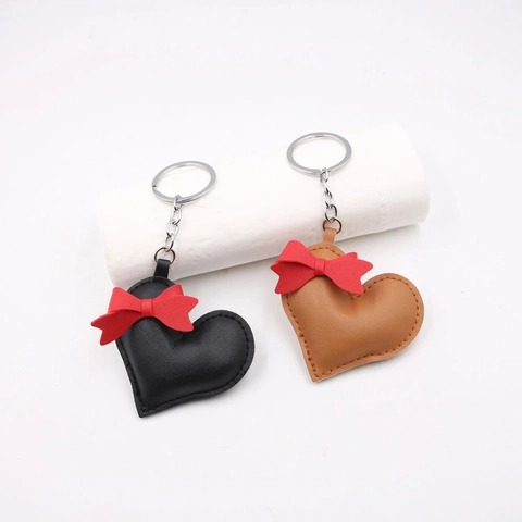 Handmade Heart Leather Keychain With Bow Cute Sweet Bag Charm For Car Keys Accessories For Women Girls Gift