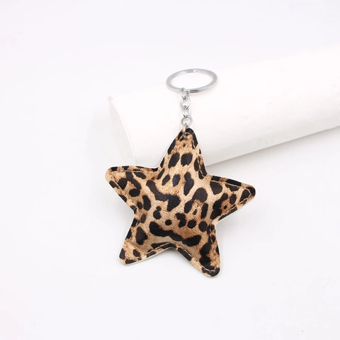 Porte-clés en Cuir Imprimé Léopard Forme d'étoile Pendentif de Sac en Cuir PU Avec Chaîne en Métal Argenté