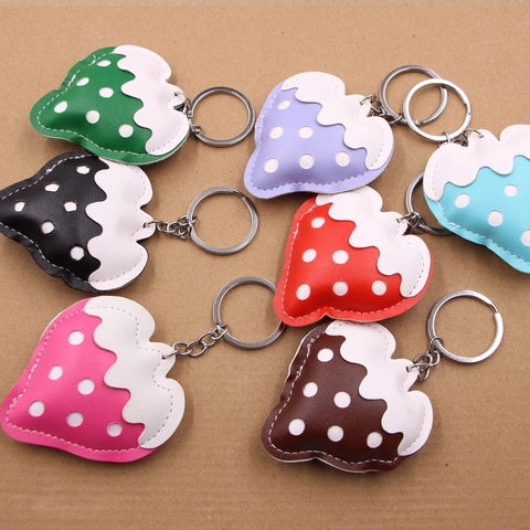 Strawberry Mushroom Shape PU Leather Keychain Sweet Polka Dot Bag Pendant Multi Color Fruit Charm Key Ring For Women Gift