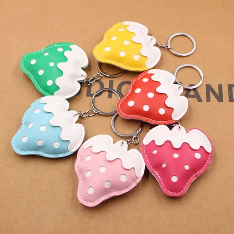 Strawberry Mushroom Shape PU Leather Keychain Sweet Polka Dot Bag Pendant Multi Color Fruit Charm Key Ring For Women Gift