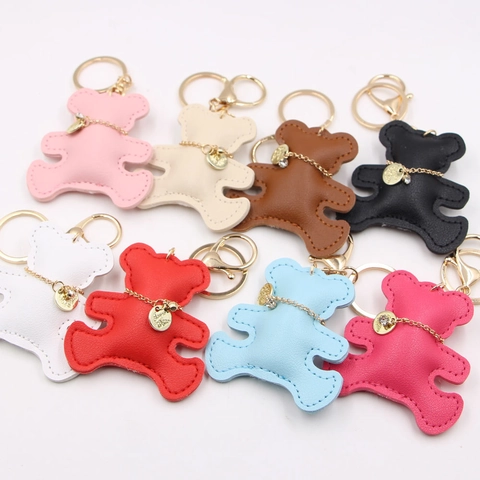 Süßer PU Leder Bär Schlüsselanhänger Für Damen Taschenanhänger Mit Goldkette Und Strass Metallring Schlüsselhalter