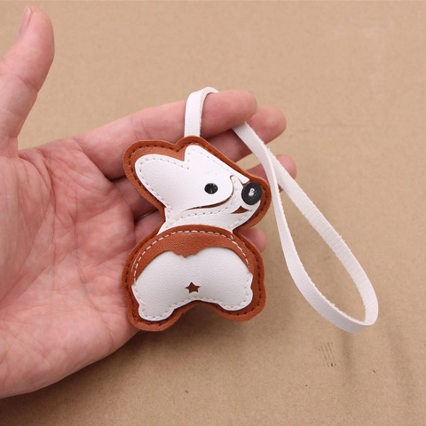 Cute Cartoon Corgi Butt PU Leather Bag Charm Handmade Stitched Animal Dog Keychain For Women Luggage Bag Ornament Gift