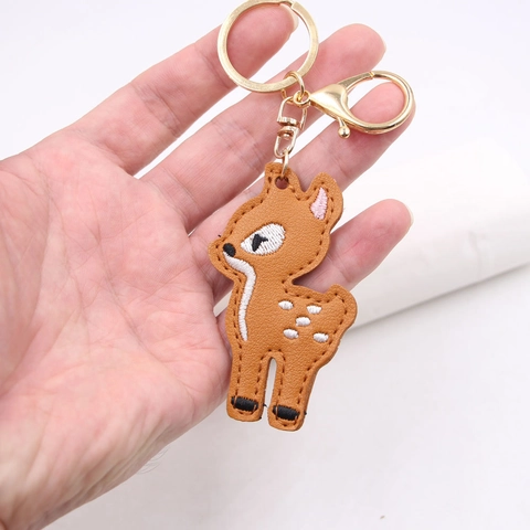 Cute Embroidered Deer Synthetic Leather Keychain Brown Animal Bag Charm With Gold Lobster Clasp Car Key Ring Gift For Women