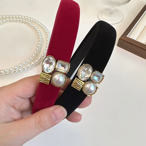 Elegante Diadema de Terciopelo con Strass para Mujer Vintage Lujo Perla Artificial Aro de Pelo Accesorios de Cabello Acolchados para Fiesta