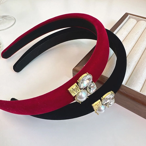 Elegante Diadema de Terciopelo con Strass para Mujer Vintage Lujo Perla Artificial Aro de Pelo Accesorios de Cabello Acolchados para Fiesta