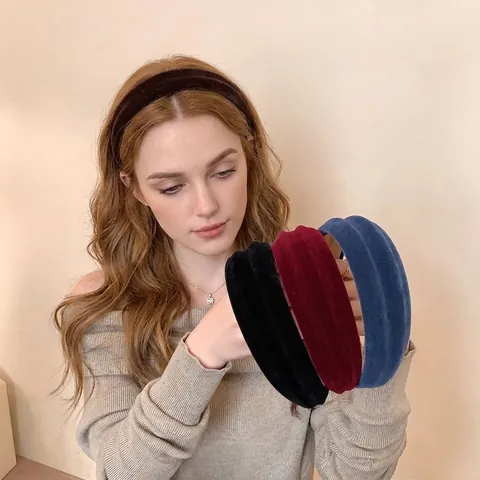 Cerchietto Imbottito in Velluto Fascia per Capelli Larga in Floccaggio Tinta Unita Vintage Accessori per Donna Quotidiano