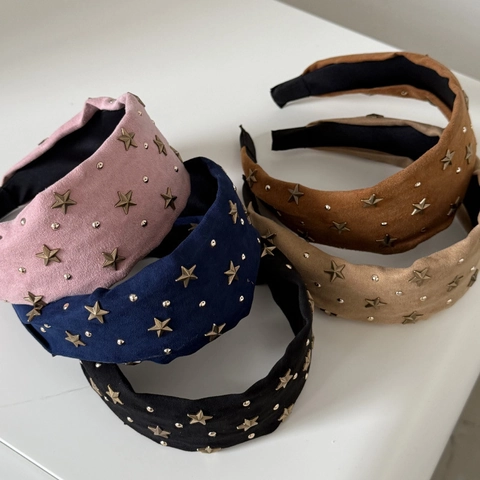 Cerchietto Largo in Finta Pelle Scamosciata Con Stelle Per Donna Strass Vintage Fascia Capelli Ispessita Accessorio Per Capelli