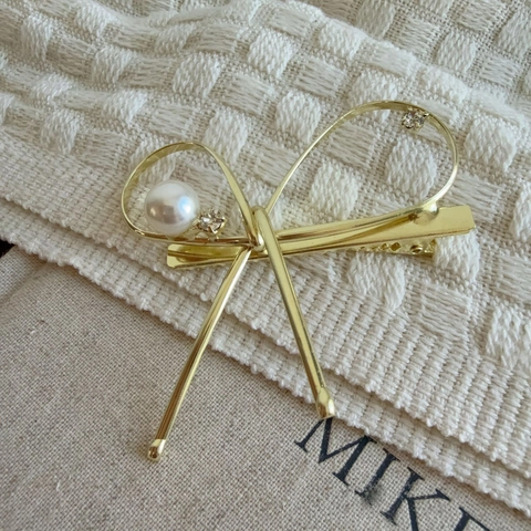 Koreanischer Stil Gold Metall Schleife Haarklammer Mit Künstlicher Perle Strass Eleganter Entenschnabel Clip Damen Kopfschmuck