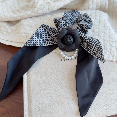 Vintage Pied De Poule Camelia Fiocco Scrunchie Tessuto Perla Artificiale Nastro Filante Elegante Ufficio Donna Accessori Capelli