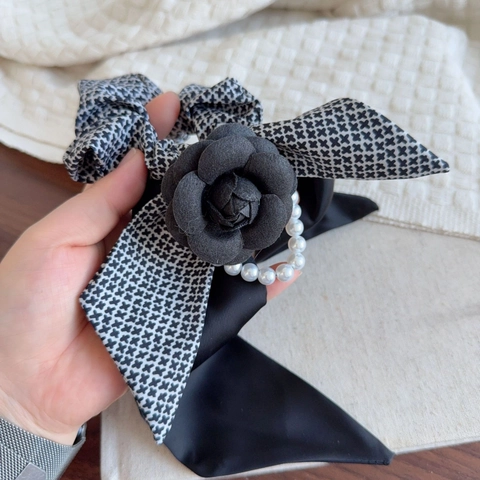 Vintage Pied De Poule Camelia Fiocco Scrunchie Tessuto Perla Artificiale Nastro Filante Elegante Ufficio Donna Accessori Capelli