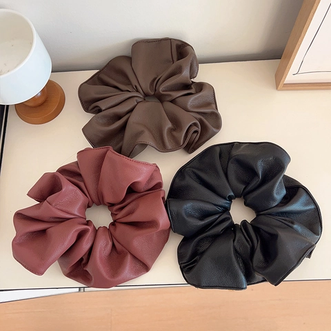 French Style Solid Color Artificial Leather Large Scrunchies Elegant Elastic Hair Bands For Women Daily Office Hair Accessories