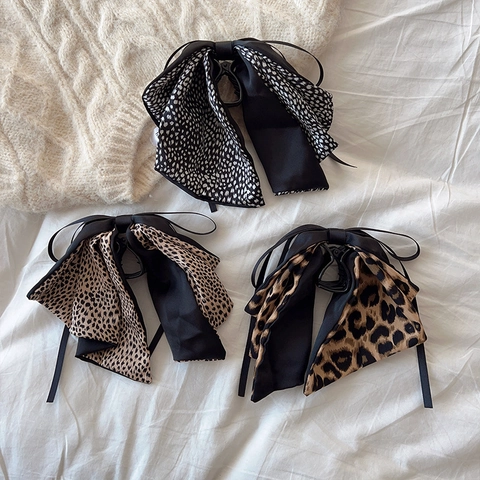 Elegante Pinza para el Cabello Retro con Lazo de Leopardo y Cinta Larga Clip de Coleta de Tela Estilo Francés Accesorios para Mujer