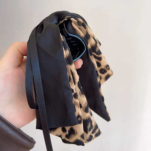 Elegante Pinza para el Cabello Retro con Lazo de Leopardo y Cinta Larga Clip de Coleta de Tela Estilo Francés Accesorios para Mujer