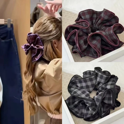 Scrunchie a Quadri Grandi in Stile Coreano con Volant a Strati Donna Elastico per Capelli in Tessuto di Raso Oversize