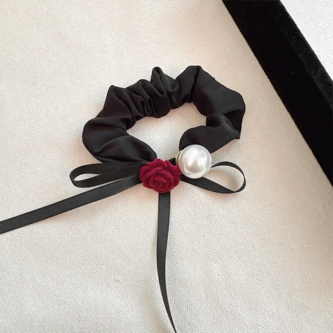 Accessori per Capelli Francesi Vintage in Velluto Nero Con Fiocco e Rosa Rossa Cerchietto Elastico Clip per Donna