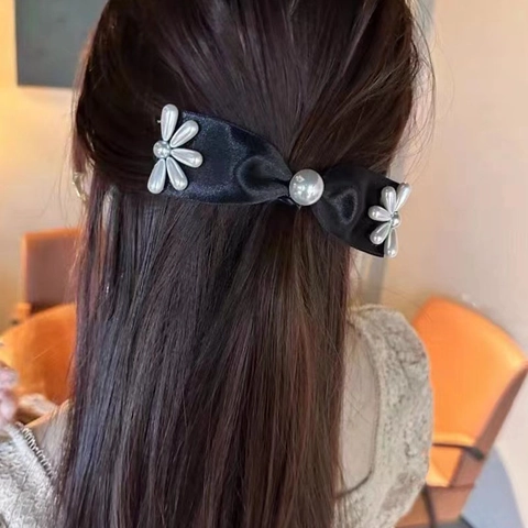 Fermaglio per Capelli a Fiocco Nero Vintage Con Decorazione a Fiore in Perla Artificial Sintetica Satin Velluto per Donna