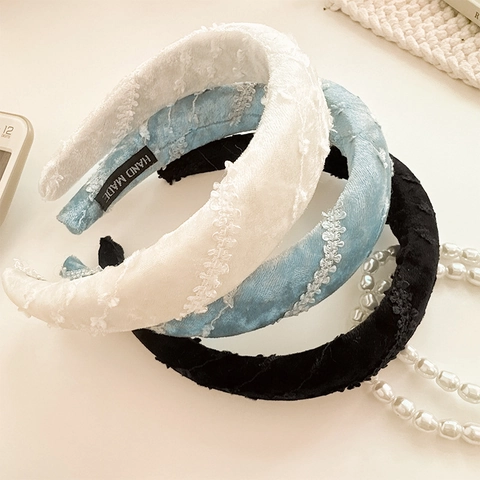 Vintage Solid Color Velvet Padded Headband For Women Handmade Wide Band High Cranial Top Autumn Winter Hair Accessories
