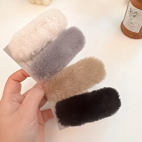 Women Plush Faux Fur BB Hair Clip Korean Style Autumn Winter Solid Color Minimalist Soft Rectangular Barrette Hair Accessories