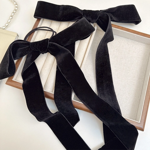 Französischer Eleganter Samt Schleife Haarschmuck Langes Band Haarseil Und Entenschnabel Haarklammer Retro Haargummi Für Damen