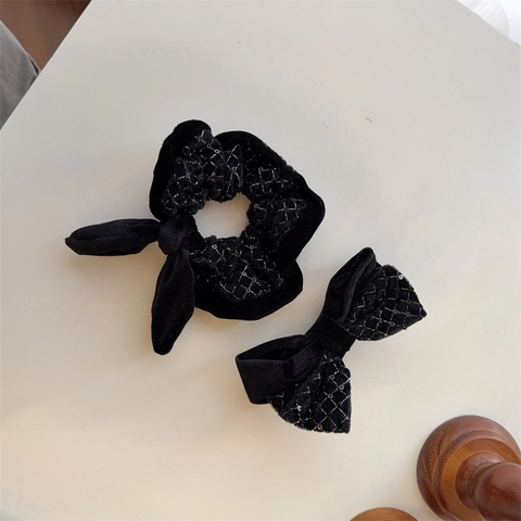 Élégant Ensemble Accessoires Cheveux Nœud Velours Avec Paillettes Motif Plaid Perle Artificielle Scrunchies et Barrettes Femme