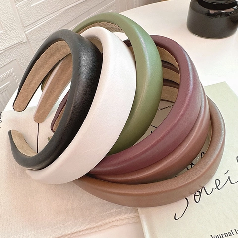 Vintage French PU Leather Padded Headband For Women Wide High Crown Sponge Solid Color Hair Band Elegant Hair Accessories