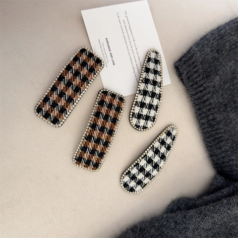 Vintage Hahnentritt Strass BB Haarspange Set Elegant Karomuster Stoff Seitenclip Für Damen Tägliches Styling Haarschmuck