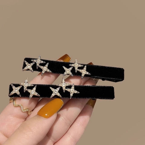 Zwart Fluweel Strass Ster Haarclip Voor Vrouwen Vintage Elegant Legering Zijspeld Mode Pony Clip Haaraccessoires