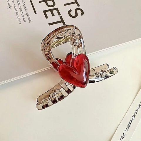 Korean Style Red Heart Hair Claw Clip Elegant Large Shark Clip Transparent Brown Acrylic Hair Styling Accessories For Women Girls