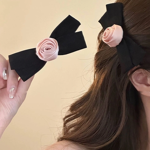 Fermagli per Capelli Vintage Francesi in Raso con Rosa e Fiocco Nero Elastici Rosa Coreani per Capelli Copricapo Donna