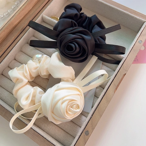 French Style Satin Rose Flower Scrunchie With Faux Artificial Pearl Ribbon Elegant Hair Tie For Women Girls Daily Party Accessories