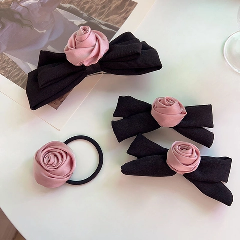 Fermagli per Capelli Vintage Francesi in Raso con Rosa e Fiocco Nero Elastici Rosa Coreani per Capelli Copricapo Donna