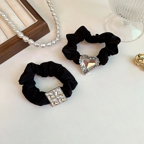 Shiny Rhinestone Heart Square Scrunchies For Women Luxury Alloy Large Intestine Hair Ties High Elastic Handmade Hair Accessories