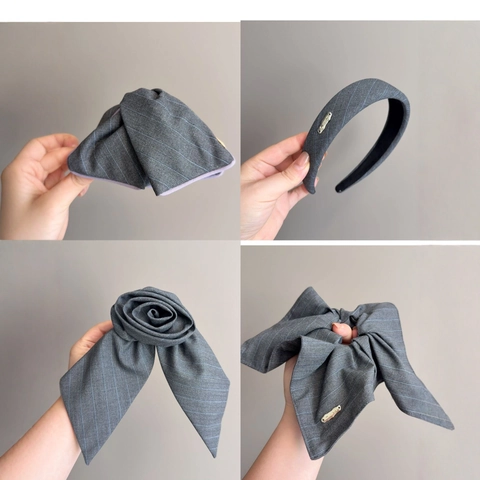 Pinza per Capelli in Tessuto a Righe Grigie Elegante Cerchietto da Pendolare Fiocco Elastico Minimalista Accessori Capelli con Targhetta