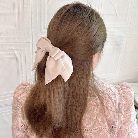 Elegant Satin Bow Hair Clip With Artificial Pearl French Style Handmade Cotton Hairpin Spring Clip Hair Accessories For Women