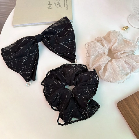 Elegant Mesh Scrunchie Silver Grid Pattern Bow Hair Clip Beaded Edge Sophisticated Hair Tie For Women Daily Accessories