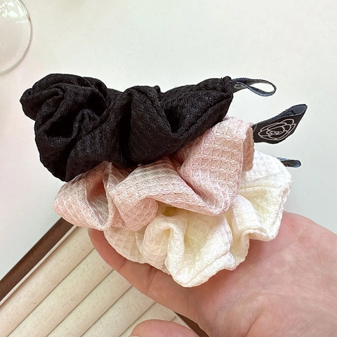 Elegant French Style Waffle Texture Hair Scrunchie With Camellia Flower Label Solid Color Elastic Hair Band For Women Accessories
