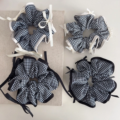Franse Retro Gingham Geruite Scrunchies Voor Dames Zoete Strik Haarelastiekjes Met Kunstparels Balletcore Haaraccessoires
