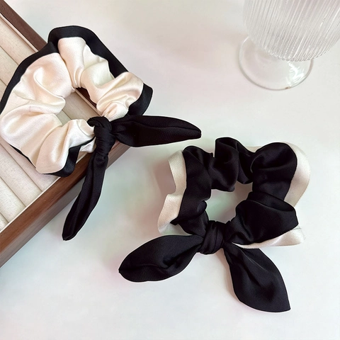 Minimalistische Retro Boog Scrunchie Contrast Kleur Katoen Haarelastiekje Elegante Stijl Dames Haaraccessoires