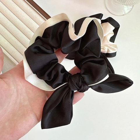 Minimalistische Retro Boog Scrunchie Contrast Kleur Katoen Haarelastiekje Elegante Stijl Dames Haaraccessoires