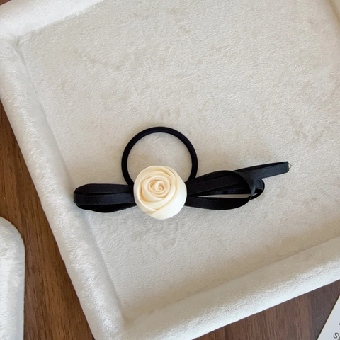 Elastico per Capelli in Stile Francese con Fiocco e Rosa in Raso Elegante Bianco e Nero Supporto per Coda di Cavallo Donna
