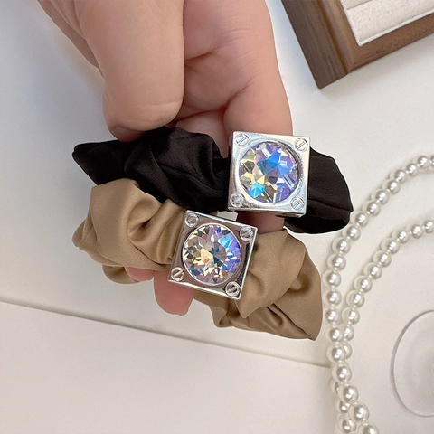Scrunchies in Raso Donna Stile Coreano Elastico Per Capelli Con Decorazione In Cristallo AB Quadrato Lega Vite Gioielli Capelli