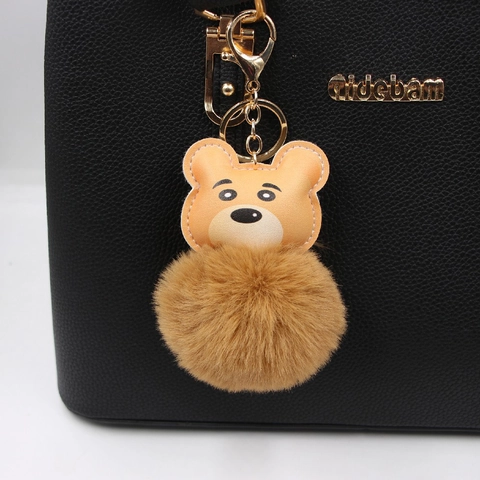 Cartoon Tiger Head PU Leather Pom Pom Keychain Cute Animal Furry Bag Pendant For Women Girls Gold Alloy Key Ring Accessories