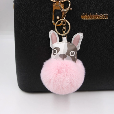 Cute French Bulldog Head PU Leather Artificial Fur Pom Pom Keychain Gold Alloy Clasp Dog Bag Pendant Charm For Women Accessories