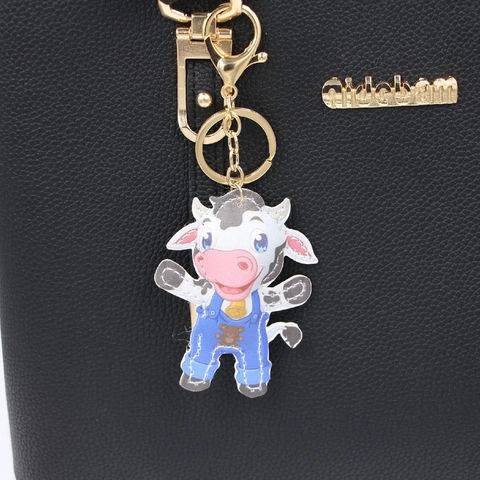 Cartoon Cow PU Leather Keychain Punk Animal Bag Pendant With Metal Ring Cute Cow Design For Women Girls Bag Accessories