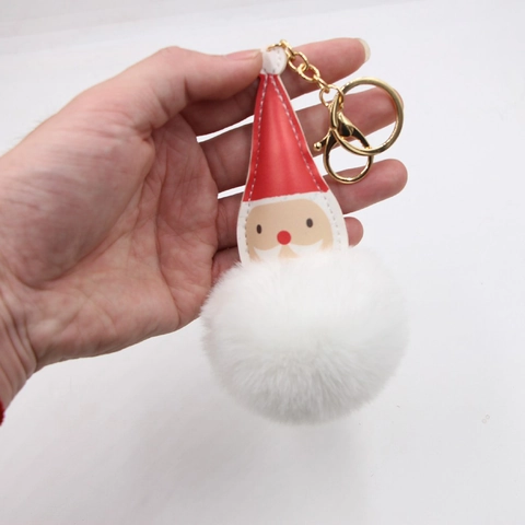 Lindo Llavero de Papá Noel de Dibujos Animados con Pompon Piel Artificial Cuero PU Aleación Colgante de Bolso de Navidad Regalo