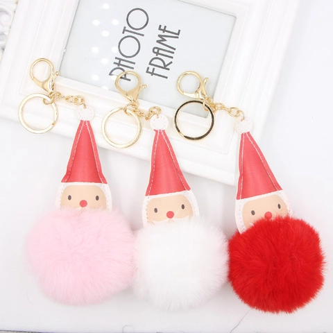 Lindo Llavero de Papá Noel de Dibujos Animados con Pompon Piel Artificial Cuero PU Aleación Colgante de Bolso de Navidad Regalo