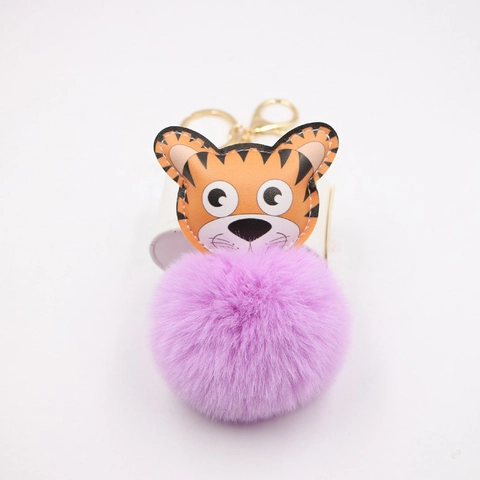 Cute Cartoon Tiger Leather Pom Pom Keychain Gold Metal Alloy Animal Bag Charm Hanging Ornament For Women Girls Gift