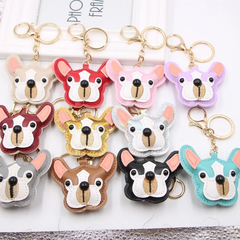 Llavero de Cuero PU de Bulldog Francés Lindo Charm de Bolso de Animal Estampado Llavero de Cachorro Colorido Decoración Regalo