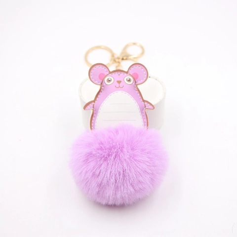 Cute Cartoon Mouse Pom Pom Keychain PU Leather Animal Pendant Keyring With Artificial Fur Ball For Women Bag Charm Gift