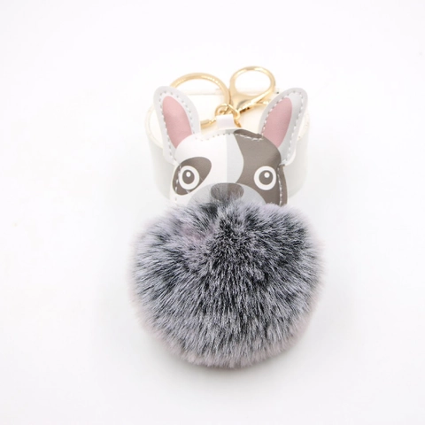 Cute French Bulldog Head PU Leather Artificial Fur Pom Pom Keychain Gold Alloy Clasp Dog Bag Pendant Charm For Women Accessories